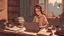 Placeholder: A girl sitting at a desk using her laptop, surrounded by books and papers, listening to lo-fi hip hop music on her headphones. She has a relaxed expression on her face and is wearing comfortable clothes. The room is dimly lit, with a lamp on the desk providing the only source of light. Outside the window, it's raining softly, cute cat sleeping on the window.