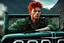 Placeholder: young rough and rugged male photorealistic red hair and green eyes smirking expression sitting in a jeep