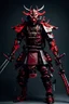 Placeholder: Samurai cyborg com armadura preta e vermelha e máscara hannya na face, corpo inteiro, um braço humano e um braço robótico portando katanas e metralhadoras, pernas mecânicas