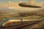 Placeholder: Renaissance painting of a bullet train steampunk landscape near a zeppelin