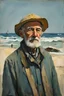 Placeholder: Euan Uglow-Ludwig Bemelmans oil painting, Otherworldly, Portrait of an old fisherman at sea, using natural light to highlight weathered textures, Cinematic lighting, Volumetric lighting, Epic composition, Photorealism, Very high detail, Bokeh blur, Sony Alpha α7, ISO1900, Character design, Unreal Engine, Octane render, HDR, Subsurface scattering