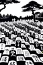 Placeholder: landscape, Japanese open air flat cemetery with thousand Japanese gravestones, high detail, manga style, grayscale