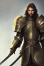 Placeholder: A handsome 30 year old knight, black hair, male bob haircut, in black-and-gold plate armor, golden katana in both hands, no beard, european