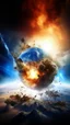 Placeholder: critical point abstract, a mediator colliding with earth in a big crash explosion in the sky