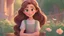 Placeholder: Cartoon style, pixar style, woman with medium length brown hair and green eyes looking peaceful and cheerful , in the style of soft dreamy pastel palette, pastel - colored scenes, tangled movie style