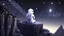 Placeholder: Minecraft Character, minecraft theme, purple starry sky, meditating, facing back, wearing gown, minecraft style, in between two cliffs, white clothes, edge to edge