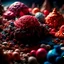 Placeholder: Close-up photograph of detailed creepy landscape made of cake-frosting, crystallizations, figure, animals, fungi, crystals, mineral concretions, sun, Amano, Roger Dean, strong texture, intricate, colours, Max Ernst, rich moody colors, bokeh, 33mm photography