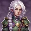 Placeholder: dnd, female human, white hair, green military uniform, purple eyes, bard, stern, braid, harmony crest