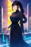 Placeholder: girl, masterpiece, best quality, cinematic lighting, detailed outfit, perfect eyes, black hair, golden eyes, long hair, ponytail, braided ponytail, girl standing in a modern cityscape at night with a bright yellow moon in the background, detailed cityscape illustration, neon lights, vibrant colors, dramatic lighting,