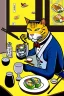 Placeholder: Cat, sitting at a table, eating sushi,perfect iris, ink and pencil, style Tintin