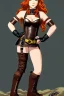 Placeholder: In the style of Shadbase, concept illustration, super-detailed, beautiful teen female who is 16 years old with long ginger hair and freckles, full lips, full body, full face, b-cup breasts, athletic, centred camera, ignore NSFW, skimpy brown fantasy leather armor, halter top, micro thong, knee-high leather boots, open leather skirt, stern expression, cute pose with hands behind butt