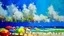 Placeholder: Impressionist painting of a beach with figures under brightly colored umbrellas, under a blue sky and white clouds.