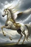 Placeholder: The image in question shows a white horse with golden wings standing on its hind legs. The horse is positioned in the center of the image, with a gray and cloudy sky as the background. The horse has a muscular and well-proportioned body. Its mane and tail are long and flowing. Its wings are large and wide, with golden feathers that shine in the sun. The horse is standing on its hind legs with its head raised and its wings spread. The expression on its face is determined and powerful. The image h