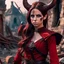 Placeholder: a beautiful tiefling woman with a kind face and dark hair in a sleeveless battle outfit, amidst the ruins of a medieval town destroyed by war, photo quality, the whole scene in dark red colors