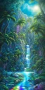 Placeholder: Triipy hawaiian rainbow turquoise neon waterfall with palm trees sparkling at night in a cave detailed realistic glowing