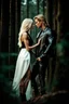 Placeholder: handsome muscular man with long brown hair, wearing a leather jacket, holding a beautiful delicate sweet young woman wearing a short white dress with long blonde hair, close up shot, romantic, fine details, high resolution, 4k, photorealistic. Forest Background