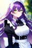 Placeholder: girl, masterpiece, best quality, cinematic lighting, detailed outfit, vibrant colors, perfect eyes, green eyes, long hair, purple hair, messy hair, hair between eyes, depth of field, ray tracing, maid,