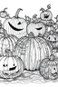 Placeholder: A spooky pumpkin patch with Jack-o'-lanterns of different sizes and expressions.. Outline, sketch style, only use outline, mandala style, clean line art, white background, no shadows, no clear wall, coloring page.