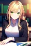 Placeholder: girl, masterpiece, best quality, cinematic lighting, detailed outfit, perfect eyes, golden hair, green eyes, long hair, braided ponytail, office lady, side shot, working at desk,