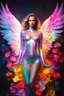 Placeholder: Gorgeous Realistic Photography Super Model European Beautiful Woman as Angel with clothing abstracts flowers luxury casual body latex dressing painting art neons rainbow colors glowing in the dark and colorful details, light leaks boleh colors,flowers background