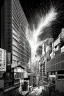 Placeholder: multiple explosions, buildings of Tokyo greyscale