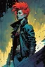 Placeholder: create a hardened, punk biker girl in the comic book art style of Mike Mignola, Bill Sienkiewicz and Jean Giraud Moebius, , highly detailed,, grainy, gritty textures, , dramatic natural lighting