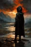 Placeholder: A formidable warrior-a 10-year-old boy in a black robe with a hood, on the background Amazing gloomy landscape, flooded with sunset, mountains, trees, fabulous scary hero, , juicy emotions, painting, dark fantasy, bad weather, gloomy day, dark world, by Raymond Swanland & Alyssa Monks & Anna Razumovskaya & James Paick