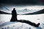 Placeholder: in the distance side a wiev a figure in dark clothes and long black leather coat lies on his back in the snow and looks the sky in a winter landscape, alone, white snow, high contrast, cold, winter, mountains, white, blue, gray and black colors, cinematic, atmospheric, dark, gloomy, thriller vibe, crepy stunning