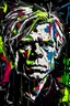 Placeholder: An abstract portrait of Andy Warhol, painted by Jean michel basquiat, oil and acrylic painting on canvas, close-up, bizarre, caricature, whimsical, bold brush strokes, oil stick, (white crayon outlines), (black grunge background), colourful, graphic marker pen, (neo-expressionism),rich colour palette, quirky, expressive lines, graffiti street art, cgsociety, detailed, impasto, acrylic paint splatter, focused, abstract art, vivid