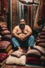 Placeholder: close up photography of a burly chubby strong 39-year-old turk man in Istanbul bazaar, shirtless, selling carpets sitting on a pile of carpets, biig shoulders, manly chest, very hairy, side light, view from the ground