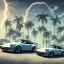 Placeholder: 1980's aesthetic vaporwave palm trees and spheres and Porsche with lightning