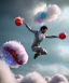 Placeholder: Ultra realistic speed clouds sky scene, wide angle view, strong men falling down with many Childs, circus clothing style, feather color clothing, free jumping flying, many trinkets, hair monster, many jelly beans, balls, color smoke, smile, happy, extreme, wind, clouds sea, 20,000 feet altitude, stratosphere, soft color, highly detailed, unreal engine 5, ray tracing, RTX, lumen lighting, ultra detail, volumetric lighting, 3d, finely drawn, high definition, high resolution.