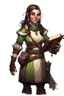 Placeholder: Dungeons and dragons half orc girl. She is kind and happy. She carries a book and wears tavern keeper clothing. Realistic style