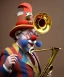 Placeholder: happy and funny old friendly clown with round head and trimmed beard playing jazz with a steampunk theme, trumpet on mouth, carnival, dreamy