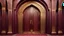 Placeholder: Hyper Realistic Photographic-View Of A Fancy Door Of A Maroon-Mosque-Door-with-beautifully-detailed-golden-Islamic-Architctural-design showing dramatic & cinematic ambiance.