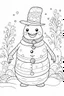 Placeholder: A jolly snowman with a carrot nose and a top hat, surrounded by a winter wonderland of sparkling snow and twinkling lights, clean line art, white background, well outlined, for kids coloring book.
