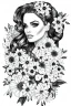 Placeholder: hyper detailed, black and white, thick line, coloring book illustration, lineart, stunningly beautiful woman in flowers