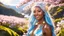 Placeholder: Portrait of a gorgeous smiling skinny polynesian goddess with a golden dark skin, long smooth clear blue white hair, blue eyes, in a sci-fi outfit with luminous strikes sending a kiss in a hill of flowers with sakura trees, a small torrent, loads of mini flowers, moss, sun rays through the branches, particles in the air at spring