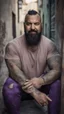 Placeholder: full figure photography of dirty smiling marocan burly muscular chubby strong man 38 years old with long raided beard, shaved hair, tattoo, photorealistic ,dressed with a purple torn and broken t-shirt, side light, outdoor in a dirty street