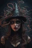 Placeholder: wizard hat Halloween vintage girl, Demon girl, fullbody, creepy, horrifying, sinister, many worms parasite creature connected to the head, sparks around her, sparks cybernetic, intricate, 8k, macro photography,