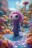 Placeholder: plexi glass wall, portrait cute fluffy toy wolly illithid mind flawyer in a water slide holding weird flowers in his trunk in the style of pixar, on a strange planet with weird colors and wind turbines, bokeh like f/0.8, tilt-shift lens 8k, high detail, smooth render, down-light, unreal engine, prize winning