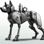 Placeholder: Comics art fullmetal robot doberman. He's sit and got head up and looking on something in sky.