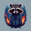 Placeholder: Raccoon, burning in hell, in army, blue fire, most realistic, atmospheric, hesh, retro style, t-shirt design, detailed character, minimalist background, logotip
