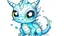 Placeholder: cartoon illustration: a cute little ice dragon with big shiny eyes and with crystal wings