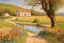 Placeholder: sunny day, mountains, trees, dirt road, flowers, spring, river, countryside, adobe house, friedrich eckenfelder and hans am ende impressionism paintings