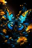 Placeholder: An image of a blue and black butterfly surrounded by golden flowers, glossy texture, creative, graffiti style, anime realism, golden markings on the butterfly