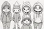 Placeholder: 6 simple shaped hand drawn cartoon characters that are cute dark and have hoodies