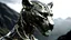 Placeholder: dark portrait of a detailed chrome & gold cyborg puma on a mountains peak. alien mega structures everywhere. futuristic. photoreal