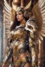 Placeholder: Photo half body Lady Angel cyborg straddle wings, using traditional armor,detailed, intricate,gears cogs cables wires circuits, gold silver chrome copper,abstract background