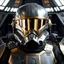 Placeholder: star wars bald male corellian pilot wearing dark gunmetal grey and black First Order special forces TIE pilot armored flightsuit and helmet with gold trim inside the jedi temple, centered head and shoulders portrait, hyperdetailed, dynamic lighting, hyperdetailed background, 8k resolution, volumetric lighting, light skin, fully symmetric details